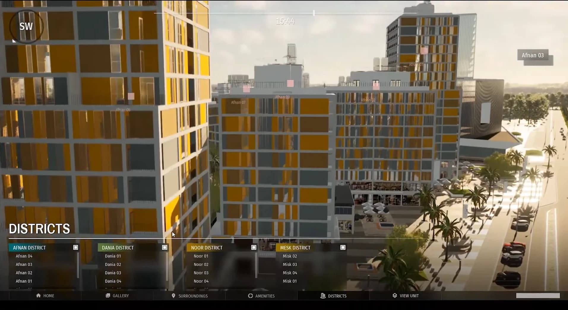 Interactive maquette with district and unit lists driven by live data