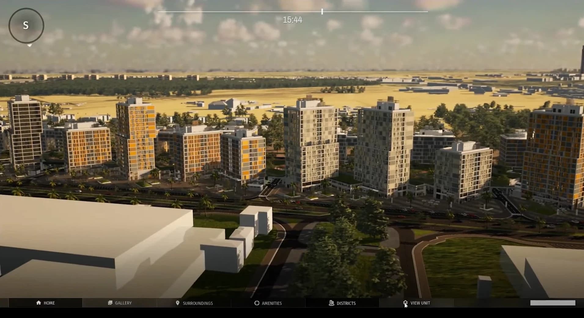Interactive digital maquette of a masterplan opened in the browser, with a navigation bar