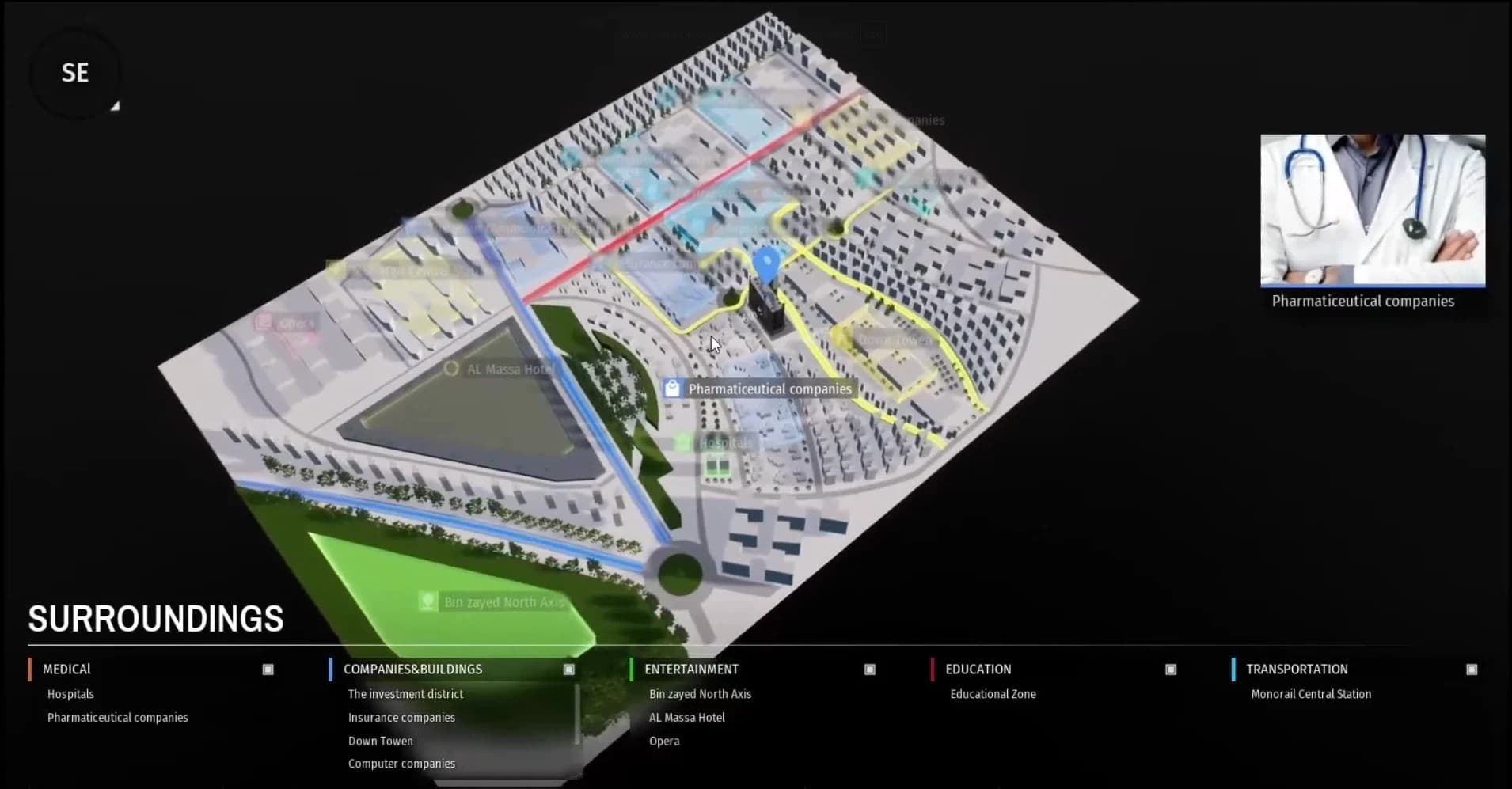 Interactive maquette surroundings map with amenity, transport, and services data layers