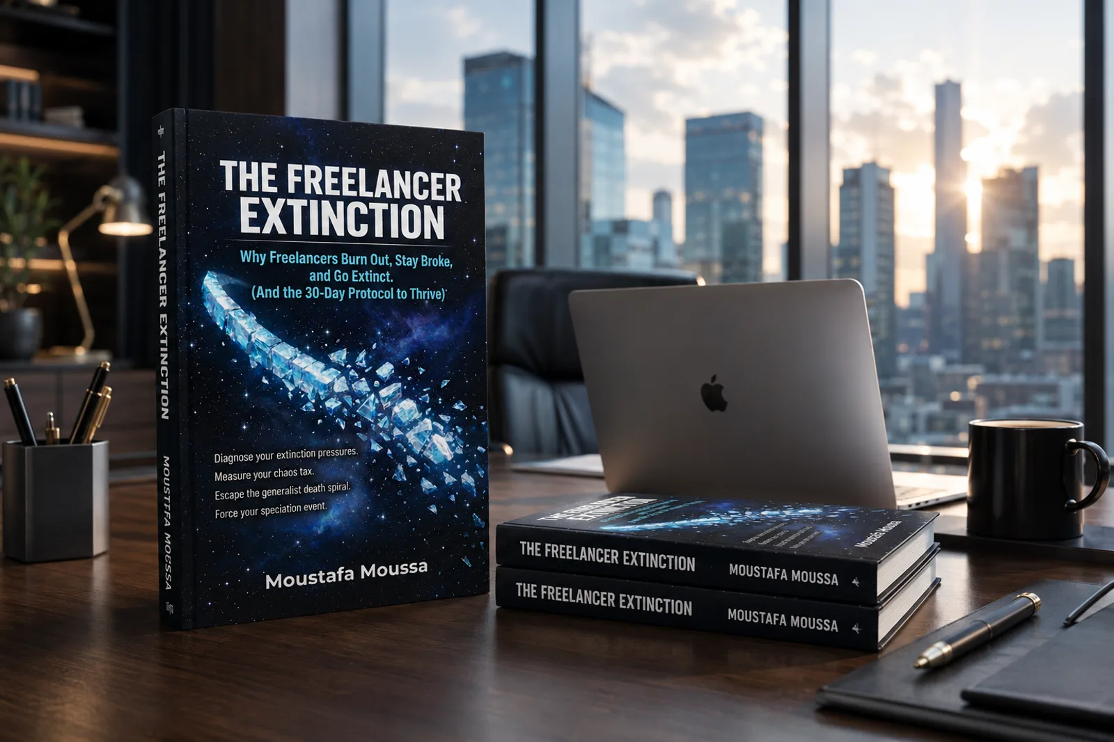 The Freelancer Extinction on a desk with a city skyline